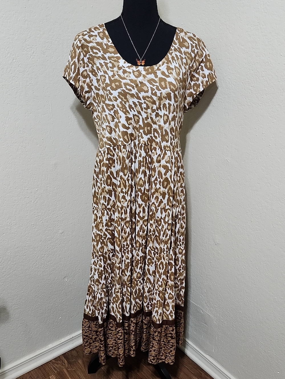 Soft Surroundings Kara Dress Brown Animal Print Tiered Maxi Large Petite Boho